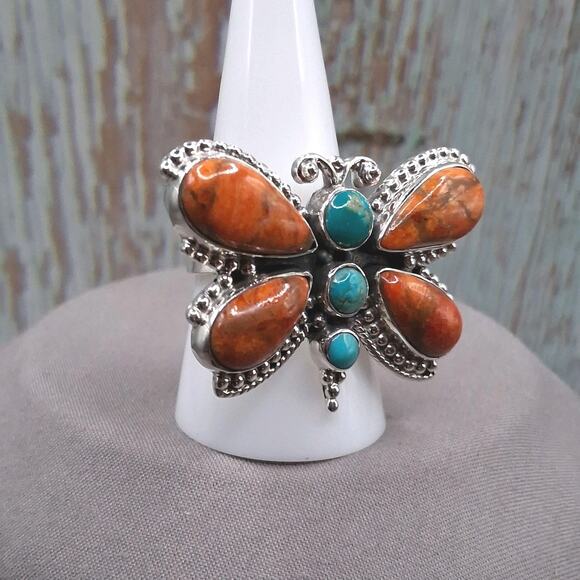 Southwestern Turquoise Spiny Oyster Ring Size 6-9 Butterfly Sterling Silver - Picture 5 of 10